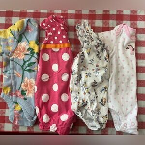Set of Four Baby Onesies with Floral and Polka Dot Patterns size 3 and 3-6 month